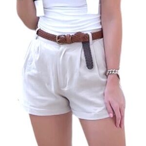 Women’s White Cotton High Rise Shorts with Brown Braided Belt Size 14 NWT